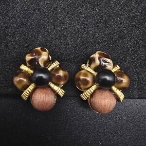 Arthur Pepper Brown Beaded Clip On Earrings VIntage Costume Jewelry ART